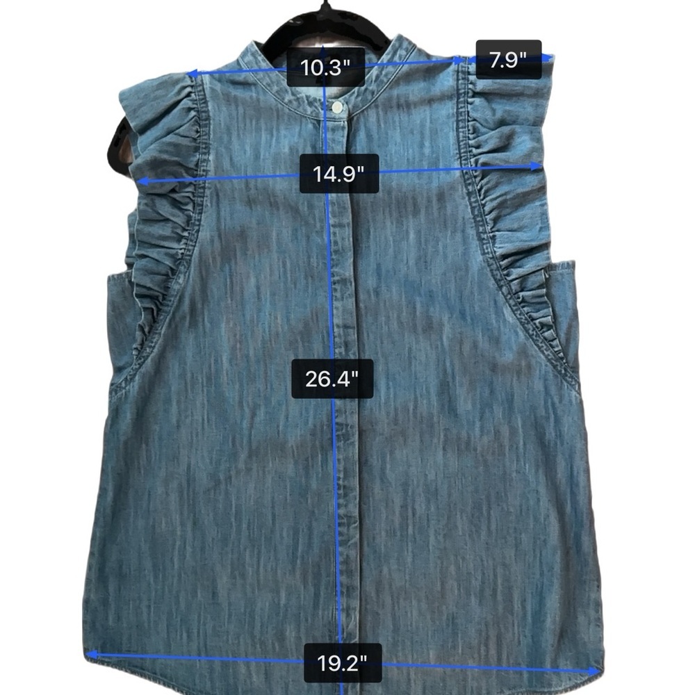 Express Denim Flutter Blue Ruffle Sleeve Button Up Blouse Sz S - Picture 11 of 13